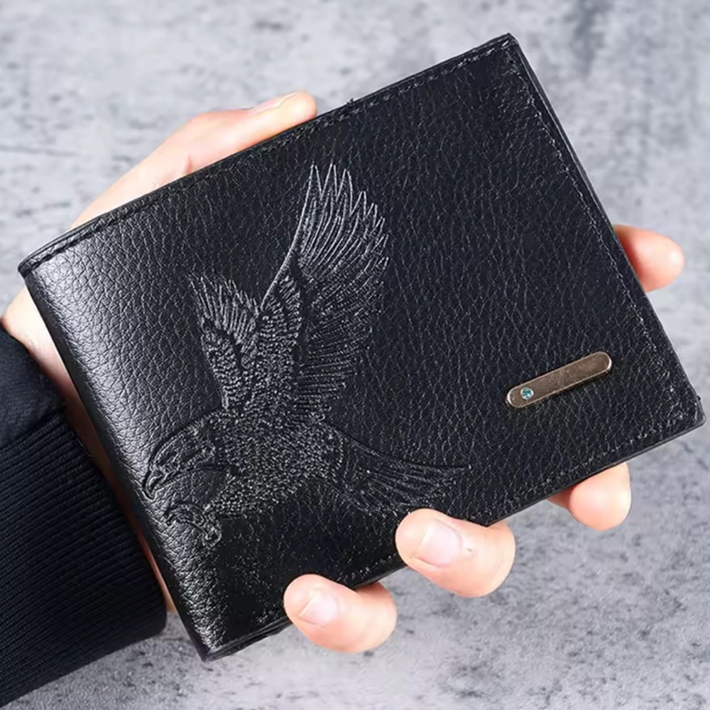 Black Leather Wallet with Embossed Eagle Design